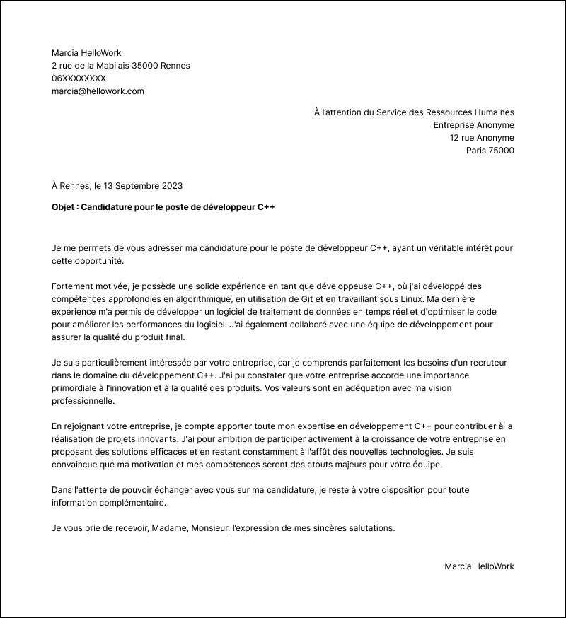 Exemple Lettre de Motivation Développeur C++ | Hellowork