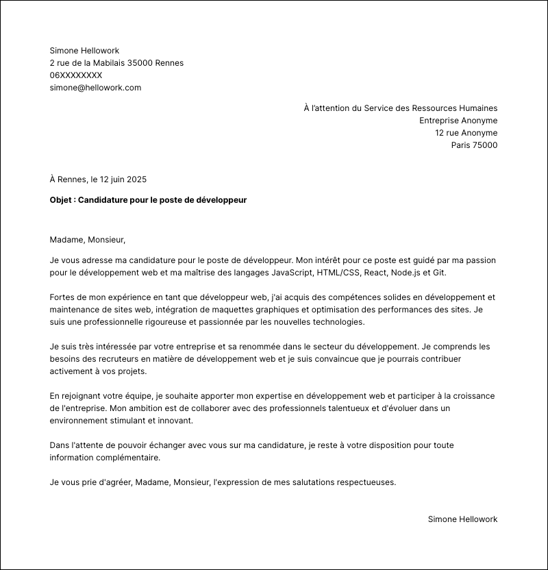 Modèle lettre de motivation Développeur Exemple lettre de motivation Développeur