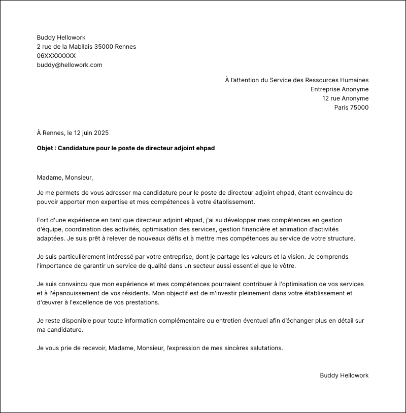 Modèle lettre de motivation Directeur adjoint EHPAD Exemple lettre de motivation Directeur adjoint EHPAD