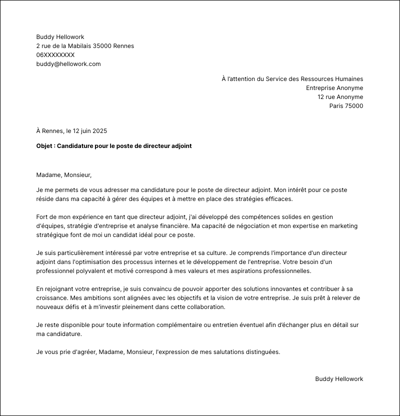 Modèle lettre de motivation Directeur adjoint Exemple lettre de motivation Directeur adjoint