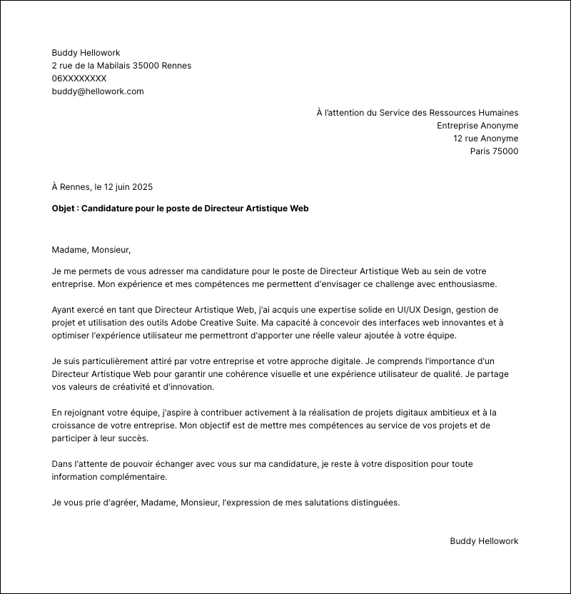 Exemple lettre de motivation Directeur artistique web
