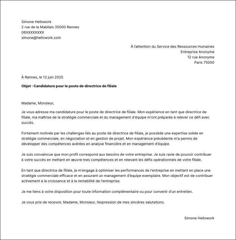 Modèle lettre de motivation Directeur de filiale Exemple lettre de motivation Directeur de filiale