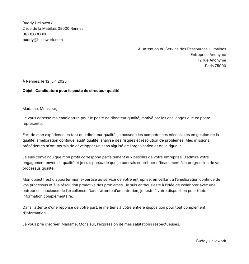 Modèle lettre de motivation Directeur qualité Exemple lettre de motivation Directeur qualité