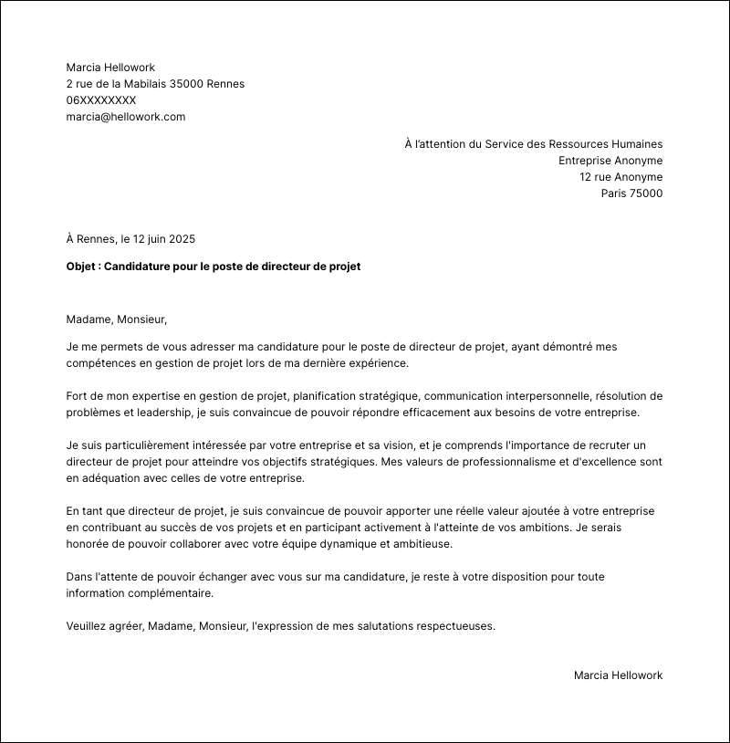 Modèle lettre de motivation Directeur de projet Exemple lettre de motivation Directeur de projet