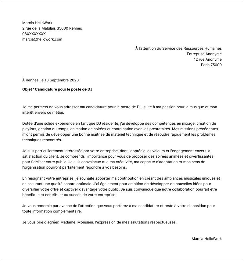 Modèle lettre de motivation DJ Exemple lettre de motivation DJ