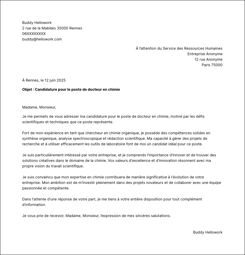 Modèle lettre de motivation Docteur en chimie Exemple lettre de motivation Docteur en chimie