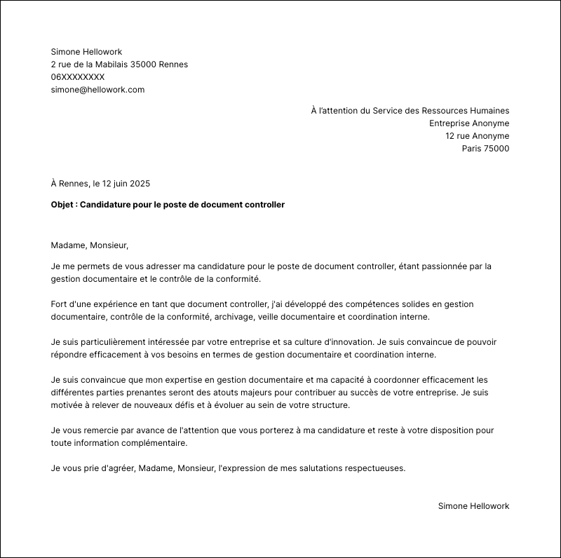 Modèle lettre de motivation Document controller Exemple lettre de motivation Document controller