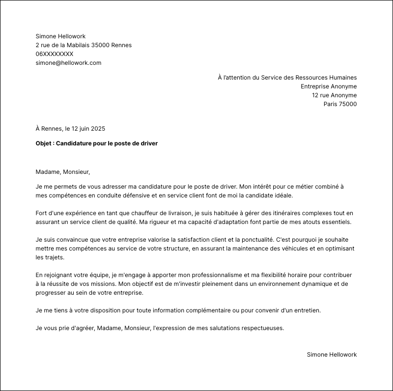 Exemple lettre de motivation Driver