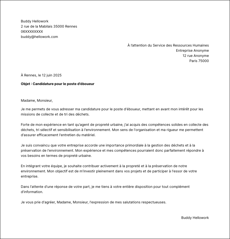 Modèle lettre de motivation Eboueur Exemple lettre de motivation Eboueur
