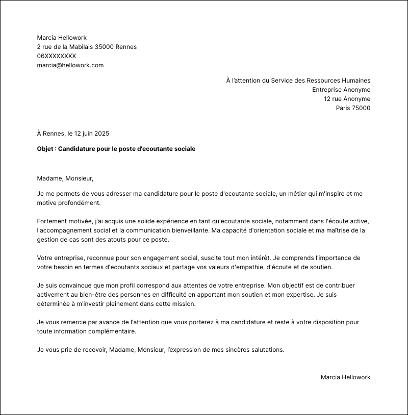 Exemple lettre de motivation Ecoutant social