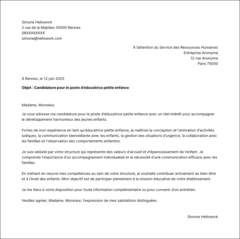 Exemple lettre de motivation Educateur petite enfance