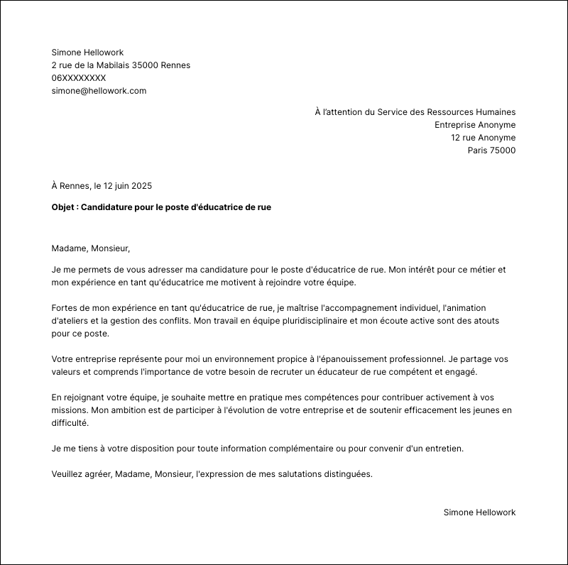 Modèle lettre de motivation Educateur de rue Exemple lettre de motivation Educateur de rue