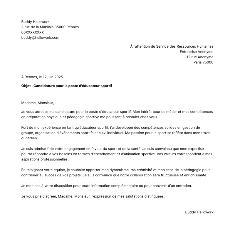 Modèle lettre de motivation éducateur sportif Exemple lettre de motivation éducateur sportif