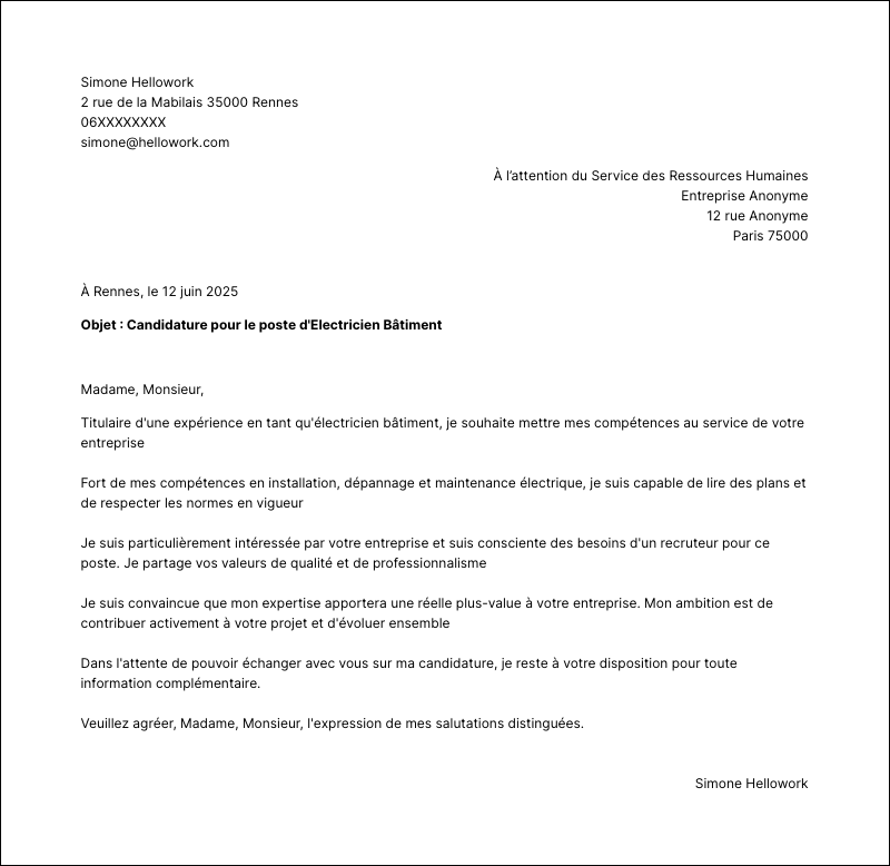 Modèle lettre de motivation Electricien bâtiment Exemple lettre de motivation Electricien bâtiment