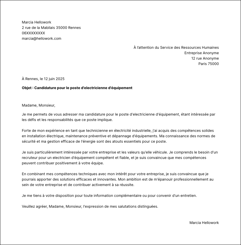 Exemple lettre de motivation Electricien d'équipement