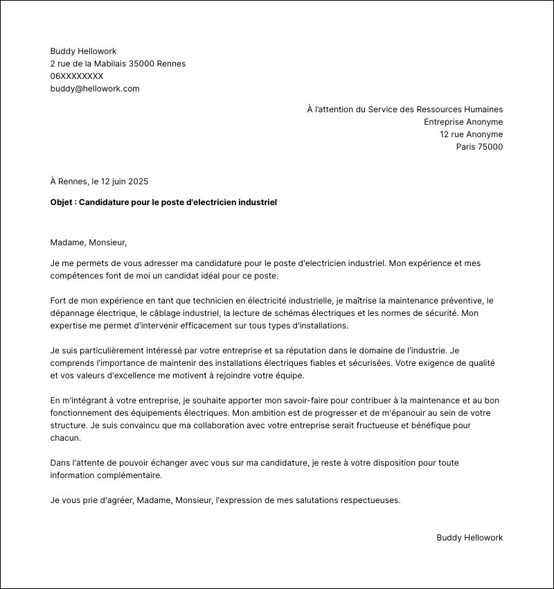Modèle lettre de motivation Electricien industriel Exemple lettre de motivation Electricien industriel
