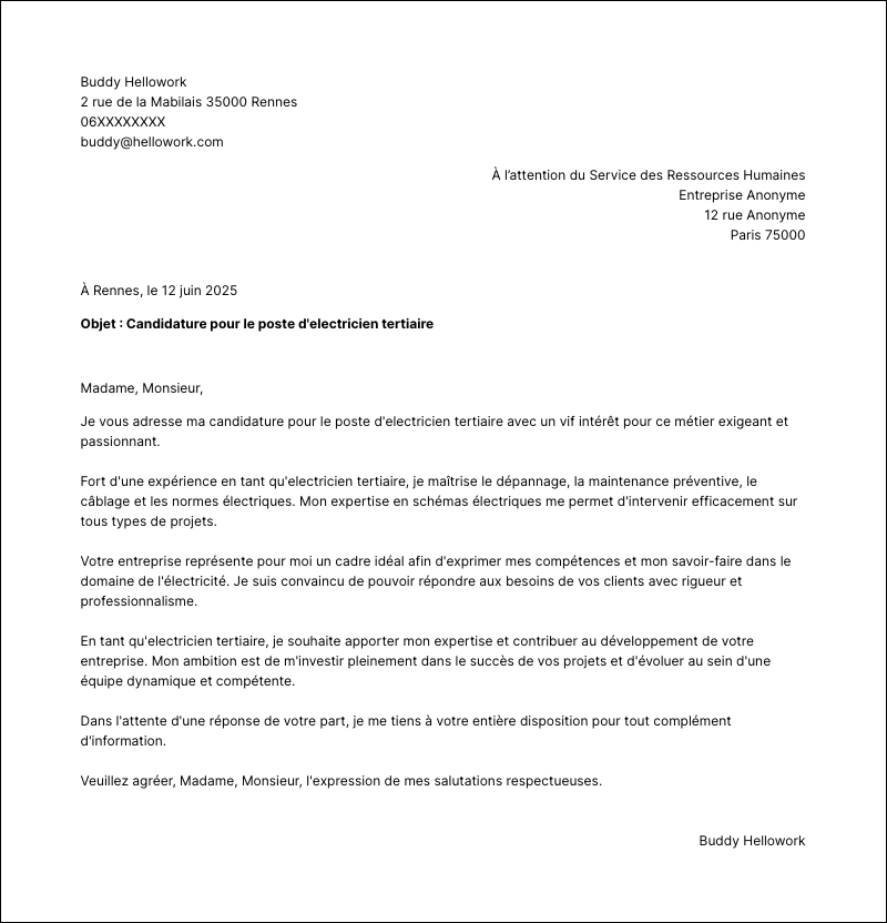 Modèle lettre de motivation Electricien tertiaire Exemple lettre de motivation Electricien tertiaire