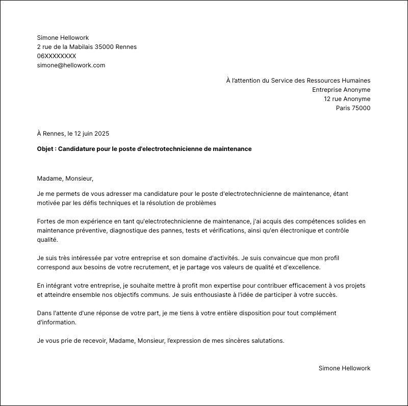 Exemple lettre de motivation Electrotechnicien de maintenance