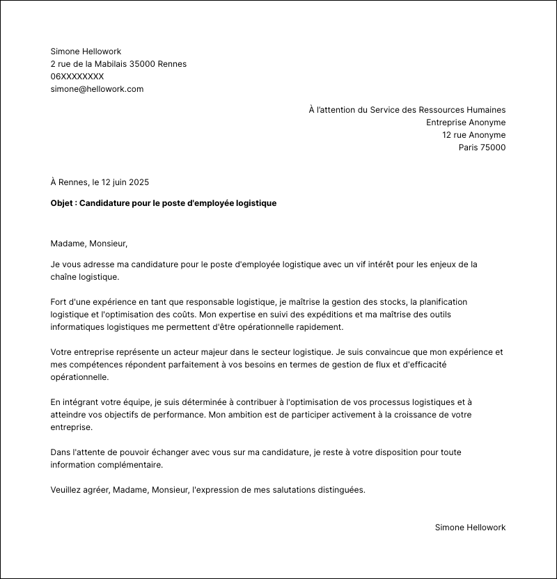 Exemple lettre de motivation Employé logistique