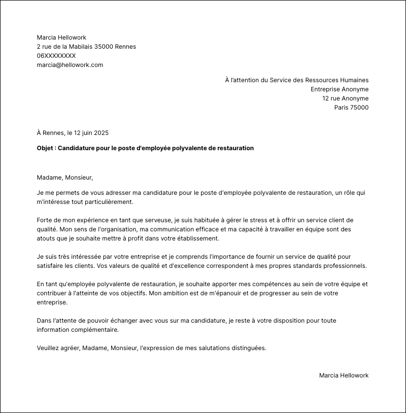 Modèle lettre de motivation Employé polyvalent de restauration Exemple lettre de motivation Employé polyvalent de restauration