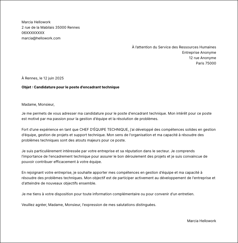 Modèle lettre de motivation Encadrant technique Exemple lettre de motivation Encadrant technique