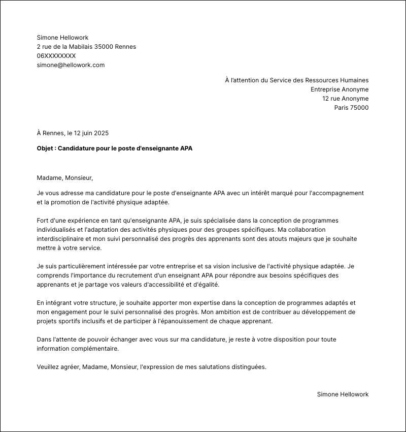 Modèle lettre de motivation Enseignant APA Exemple lettre de motivation Enseignant APA