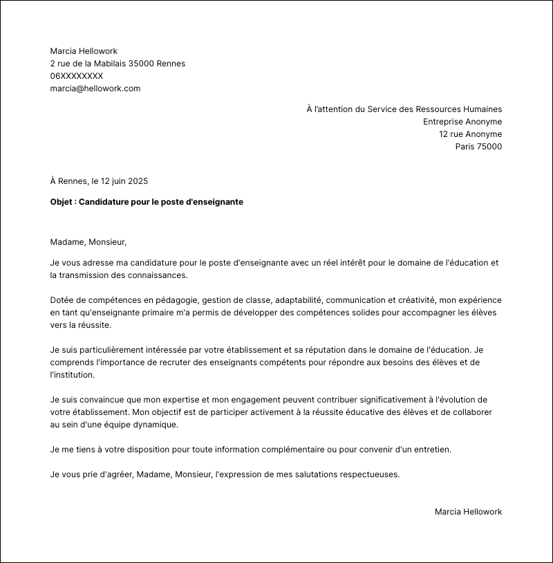 Modèle lettre de motivation Enseignant Exemple lettre de motivation Enseignant