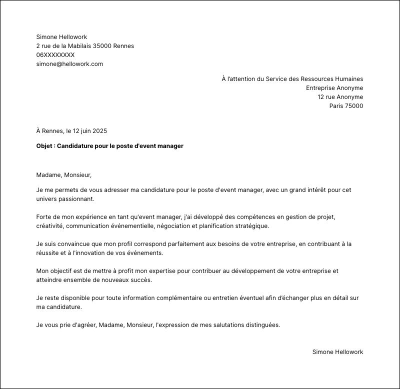 Modèle lettre de motivation Event manager Exemple lettre de motivation Event manager
