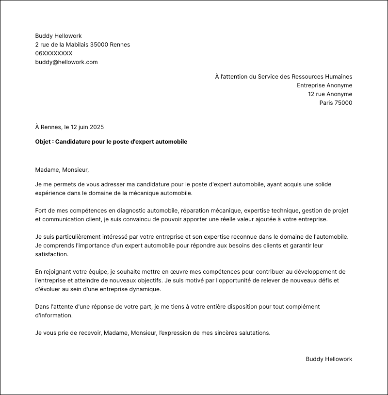 Modèle lettre de motivation Expert automobile Exemple lettre de motivation Expert automobile
