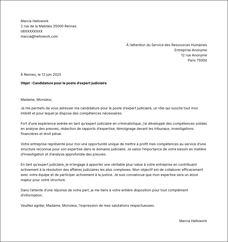 Modèle lettre de motivation Expert judiciaire Exemple lettre de motivation Expert judiciaire