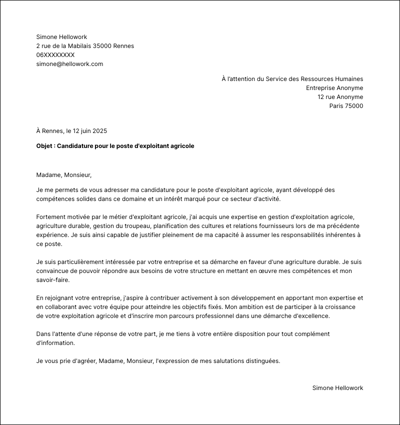 Modèle lettre de motivation Exploitant agricole Exemple lettre de motivation Exploitant agricole