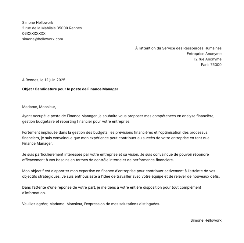 Exemple lettre de motivation Finance manager