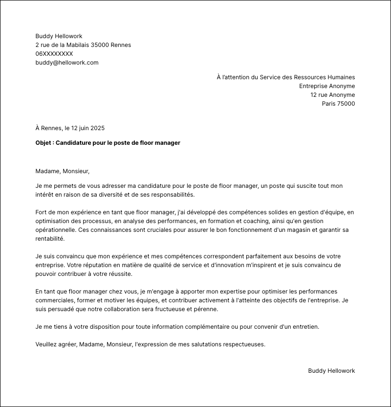 Exemple lettre de motivation Floor manager