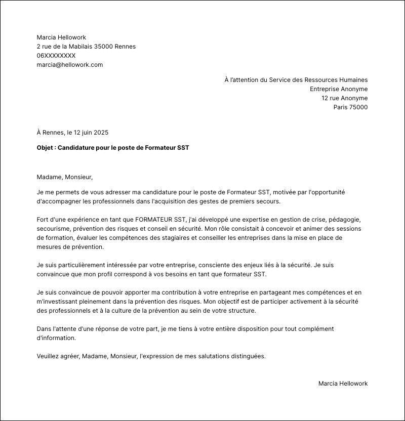Exemple lettre de motivation Formateur SST