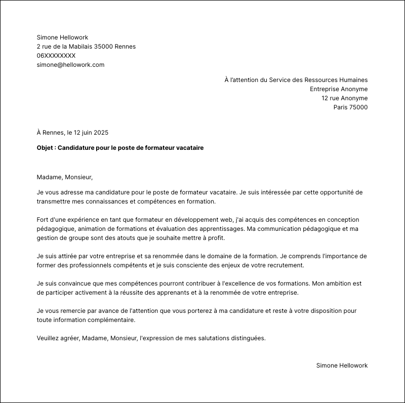 Modèle lettre de motivation Formateur vacataire Exemple lettre de motivation Formateur vacataire