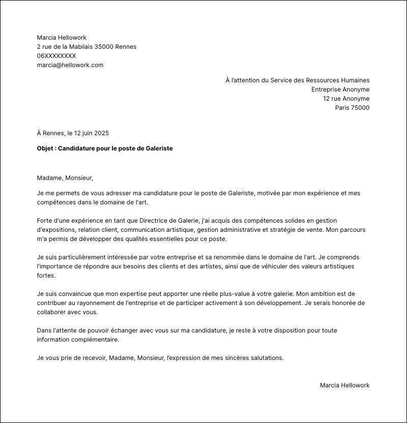 Modèle lettre de motivation Galeriste Exemple lettre de motivation Galeriste