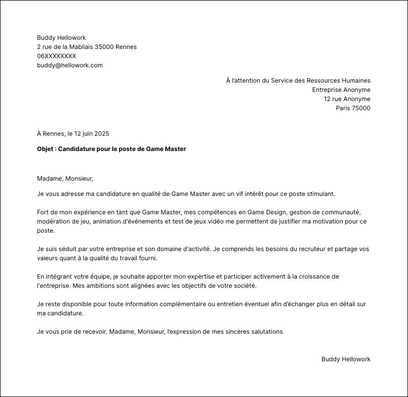 Modèle lettre de motivation Game master Exemple lettre de motivation Game master