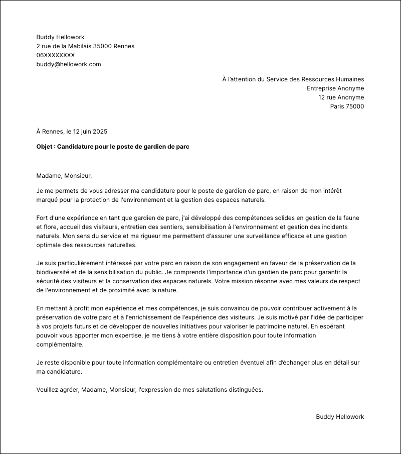 Exemple lettre de motivation Gardien de parc