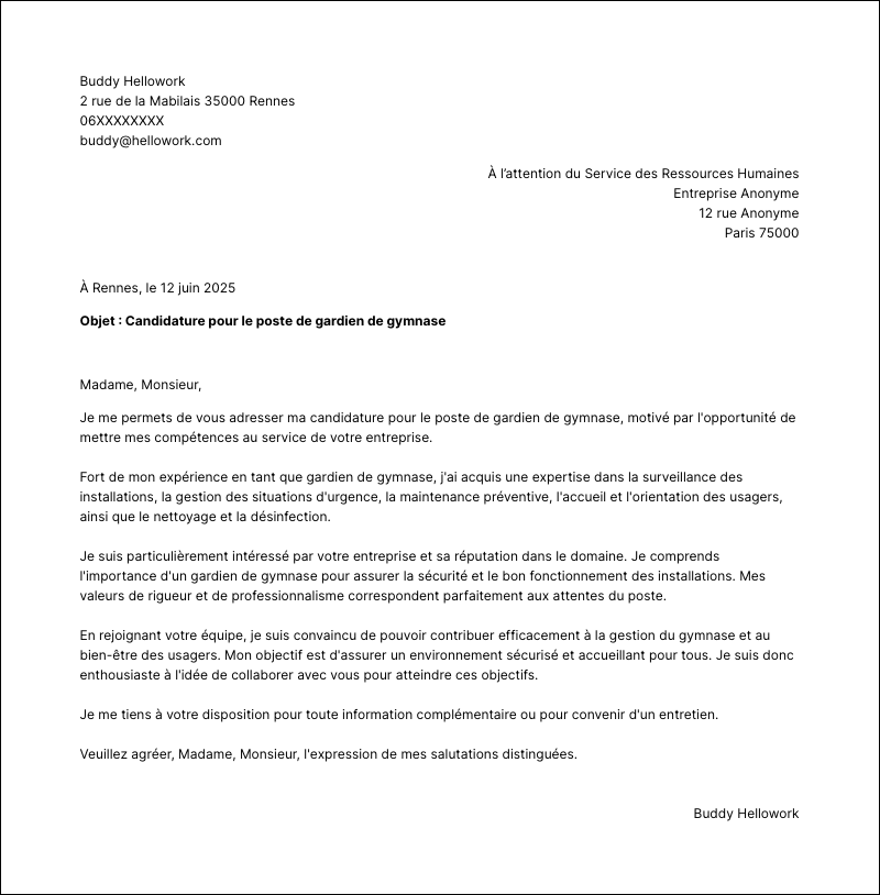 Exemple lettre de motivation Gardien de gymnase