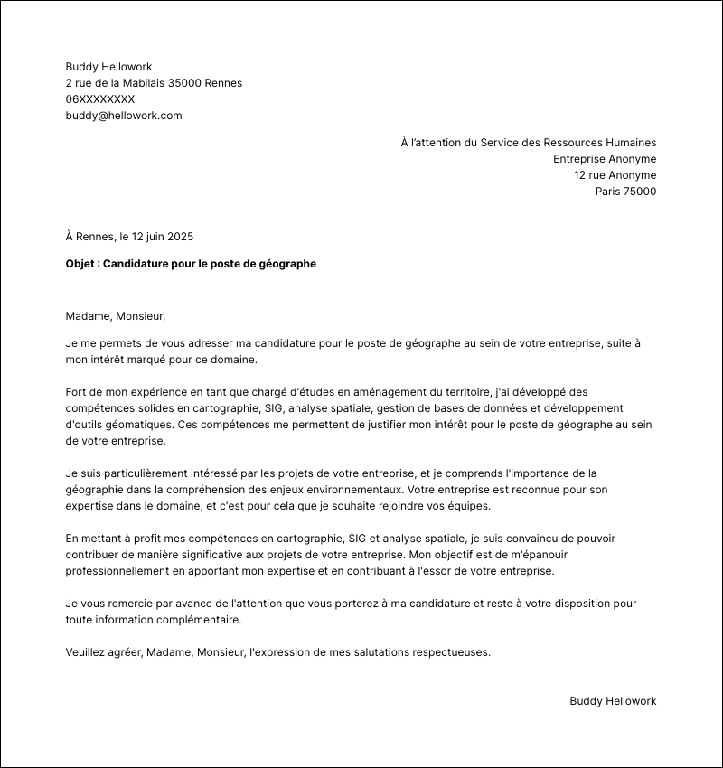 Modèle lettre de motivation Géographe Exemple lettre de motivation Géographe