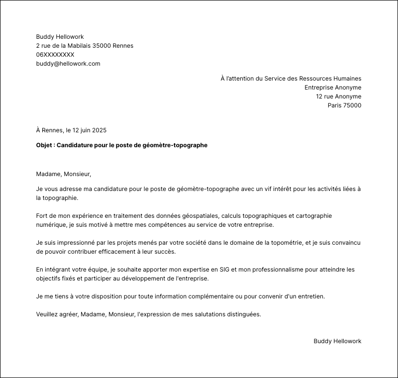 Modèle lettre de motivation Géomètre-topographe Exemple lettre de motivation Géomètre-topographe