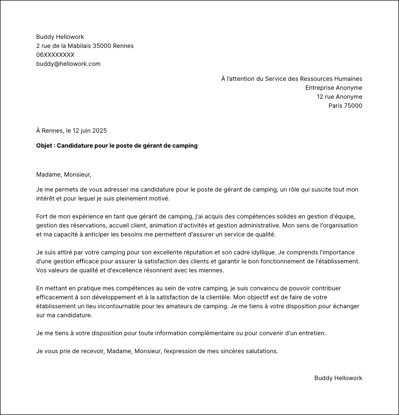 Modèle lettre de motivation Gérant de camping Exemple lettre de motivation Gérant de camping