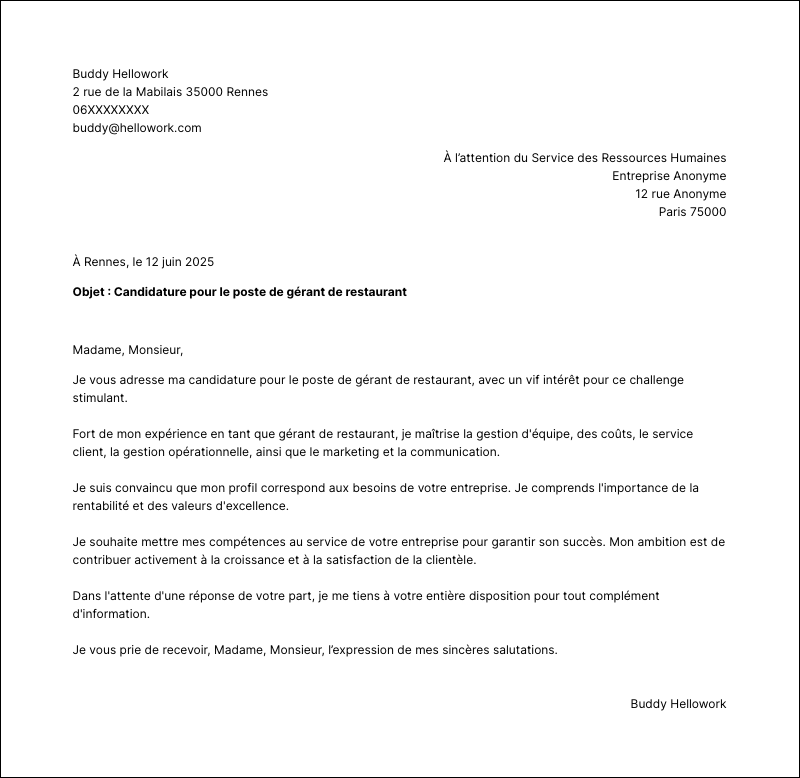 Modèle lettre de motivation Gérant de restaurant Exemple lettre de motivation Gérant de restaurant