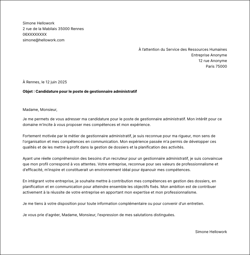 Modèle lettre de motivation Gestionnaire administratif Exemple lettre de motivation Gestionnaire administratif