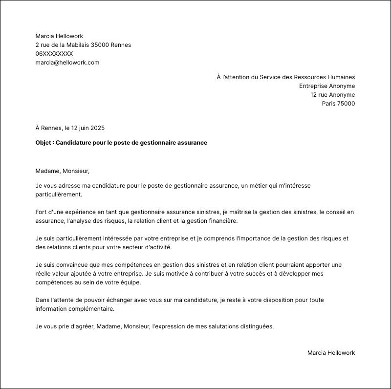 Modèle lettre de motivation Gestionnaire assurance Exemple lettre de motivation Gestionnaire assurance