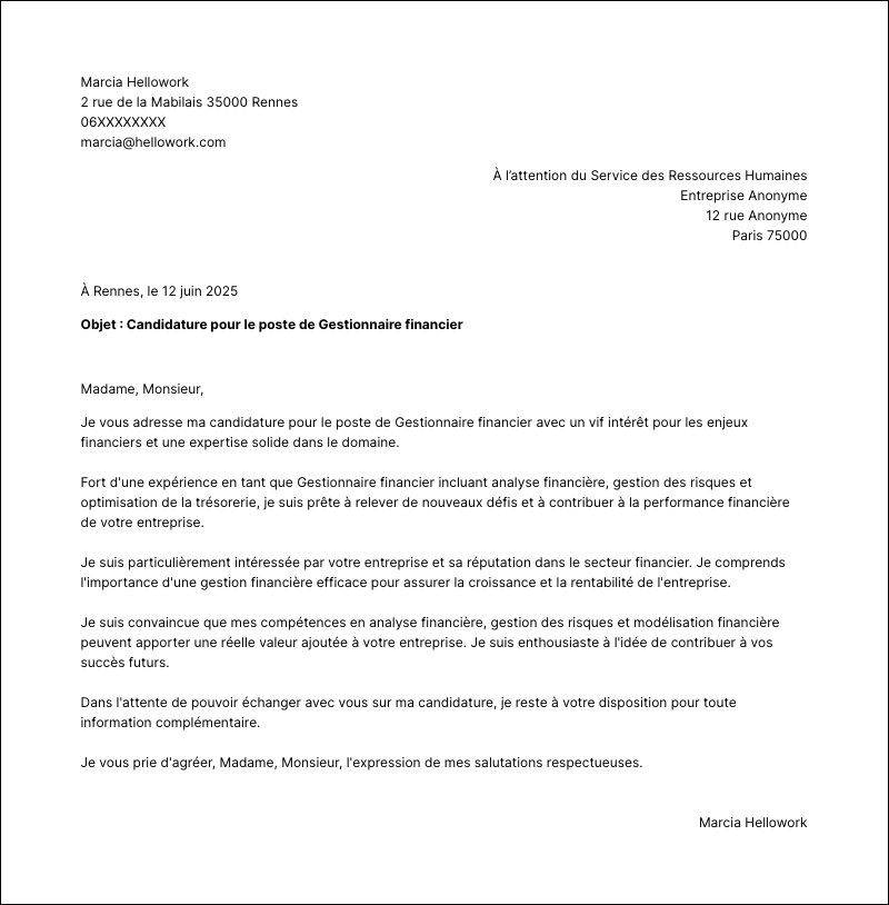 Modèle lettre de motivation Gestionnaire financier Exemple lettre de motivation Gestionnaire financier