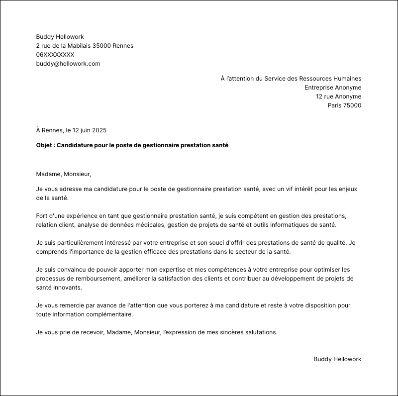 Modèle lettre de motivation Gestionnaire prestation santé Exemple lettre de motivation Gestionnaire prestation santé