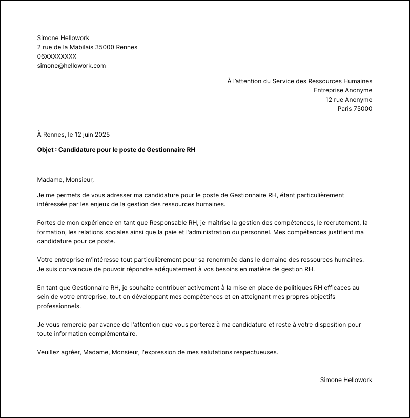Modèle lettre de motivation Gestionnaire RH Exemple lettre de motivation Gestionnaire RH