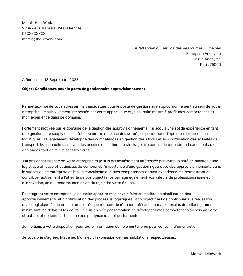 Modèle lettre de motivation Gestionnaire supply chain Exemple lettre de motivation Gestionnaire supply chain
