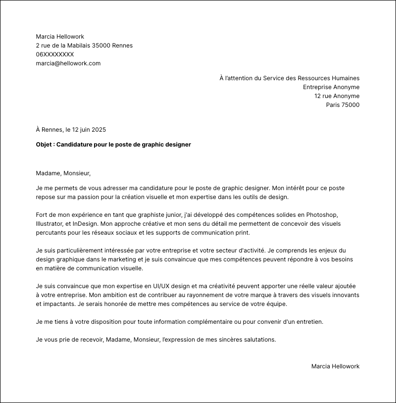 Modèle lettre de motivation Graphic designer Exemple lettre de motivation Graphic designer